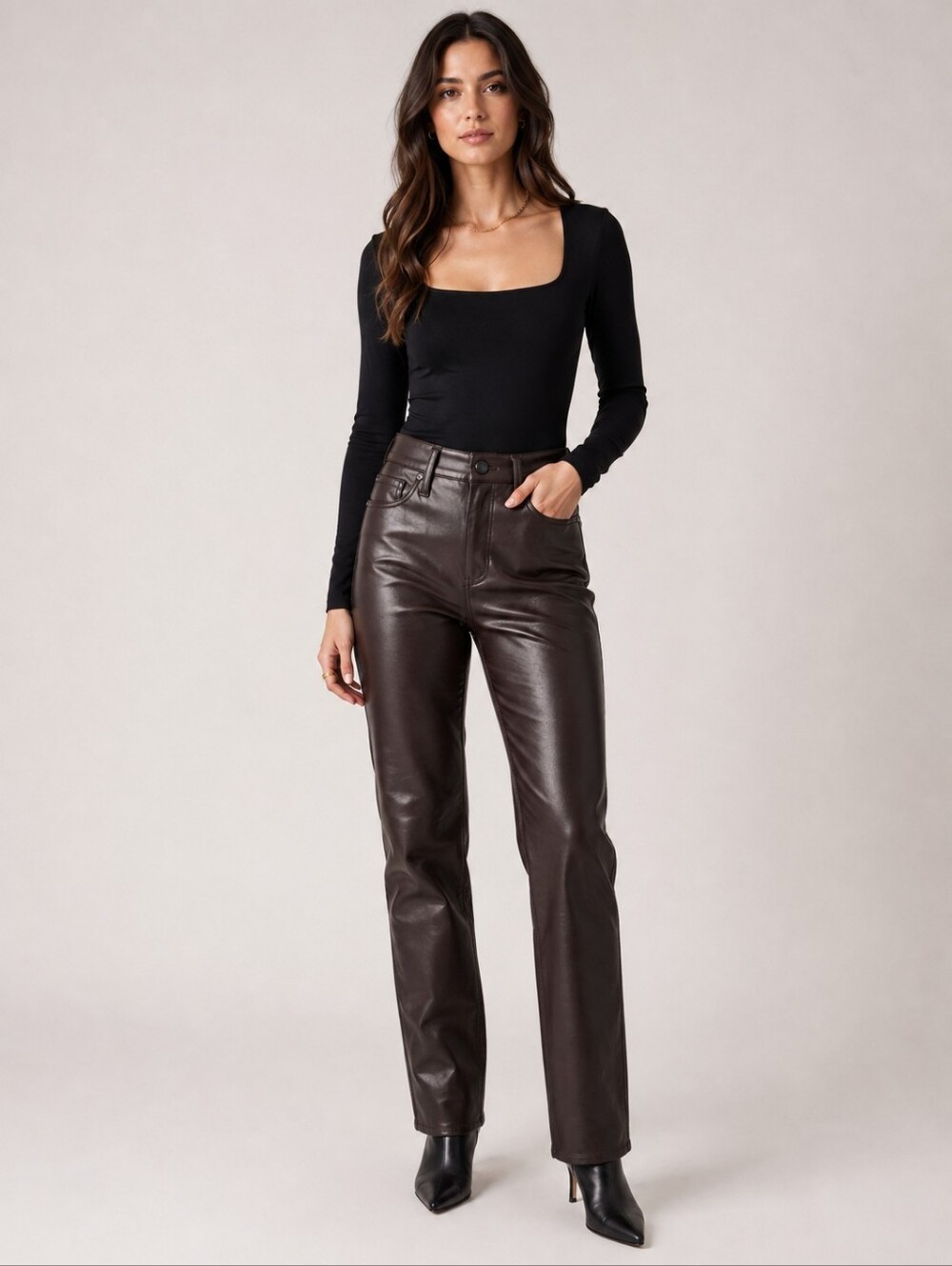 NYDJ Sculpt-Her Marilyn Faux Leather Straight Pants Cordovan Brown Size 2